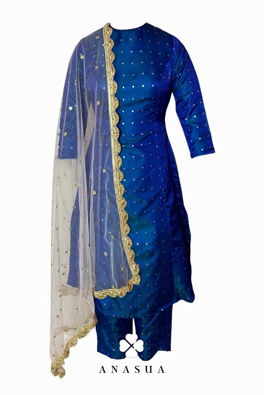 Royal Blue Silk Butti A-Line Kurta Set | Anasua