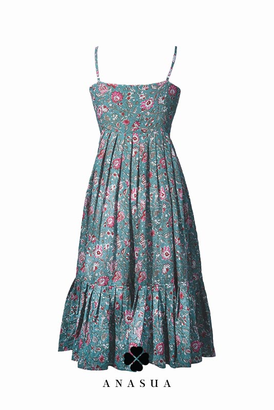 Spaghetti Strap Midi Sundress in Dusty Green Floral Print | Anasua