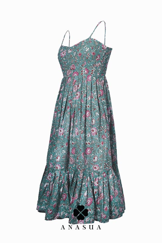 Spaghetti Strap Midi Sundress in Dusty Green Floral Print | Anasua