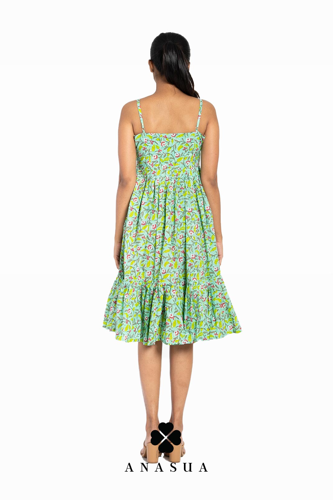 Spaghetti Strap Midi Sundress in Light Green Floral Print | Anasua