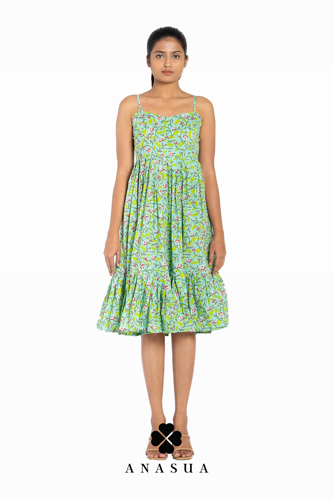 Spaghetti Strap Midi Sundress in Light Green Floral Print | Anasua