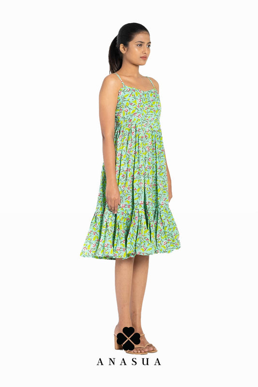 Spaghetti Strap Midi Sundress in Light Green Floral Print | Anasua