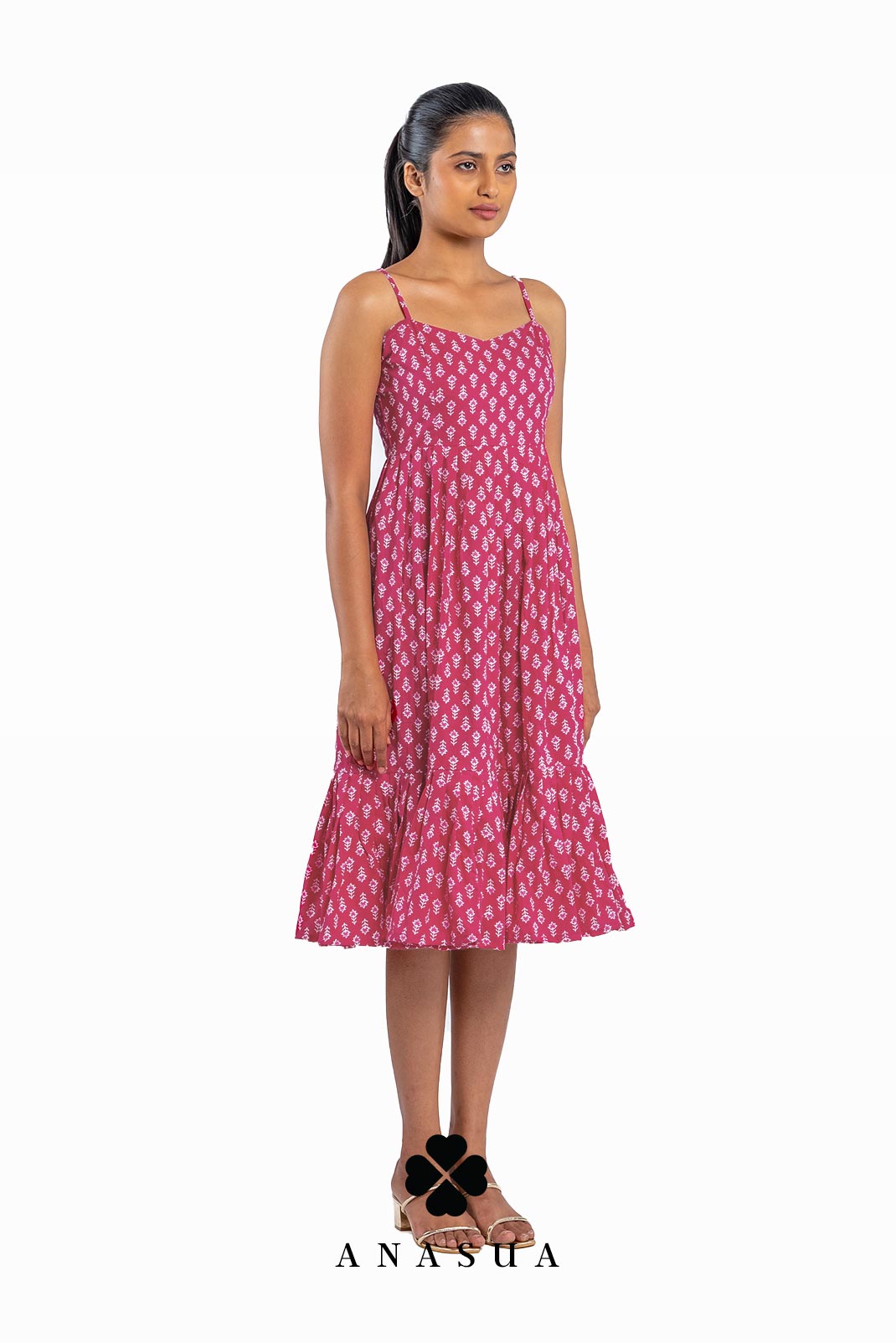 Spaghetti Strap Midi Sundress in Pink Floral Motif Print | Anasua