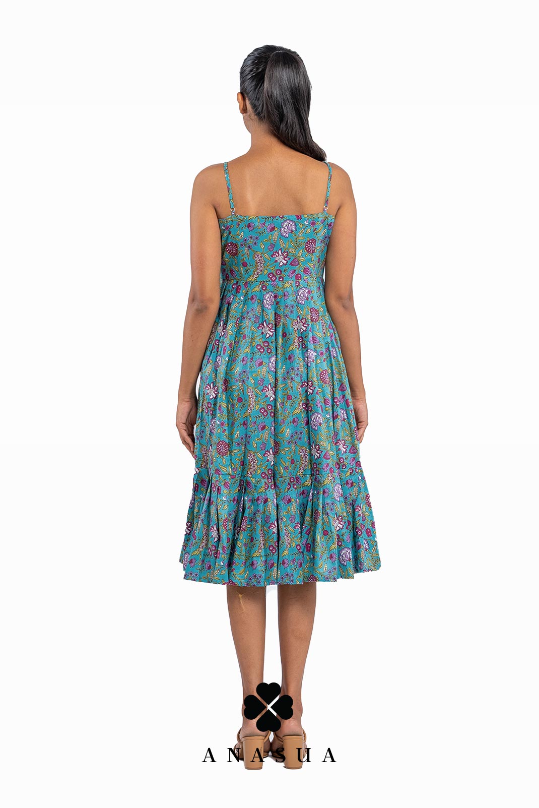 Spaghetti Strap Midi Sundress in Turquoise Floral Print | Anasua