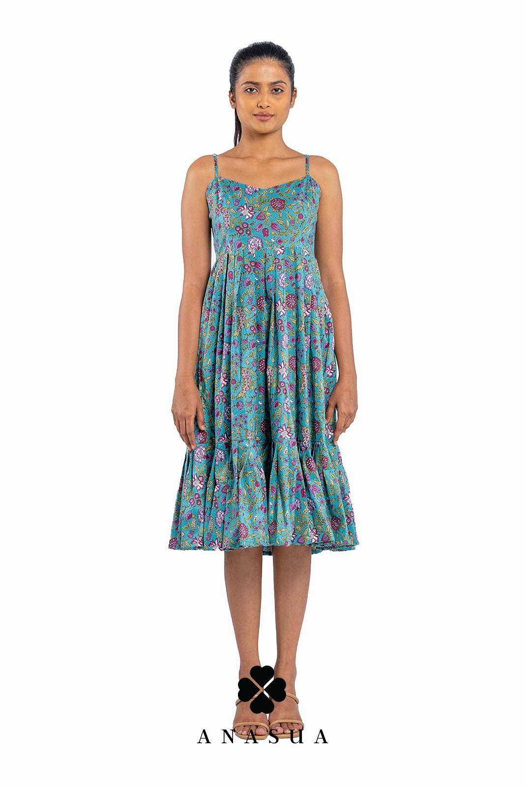 Spaghetti Strap Midi Sundress in Turquoise Floral Print | Anasua