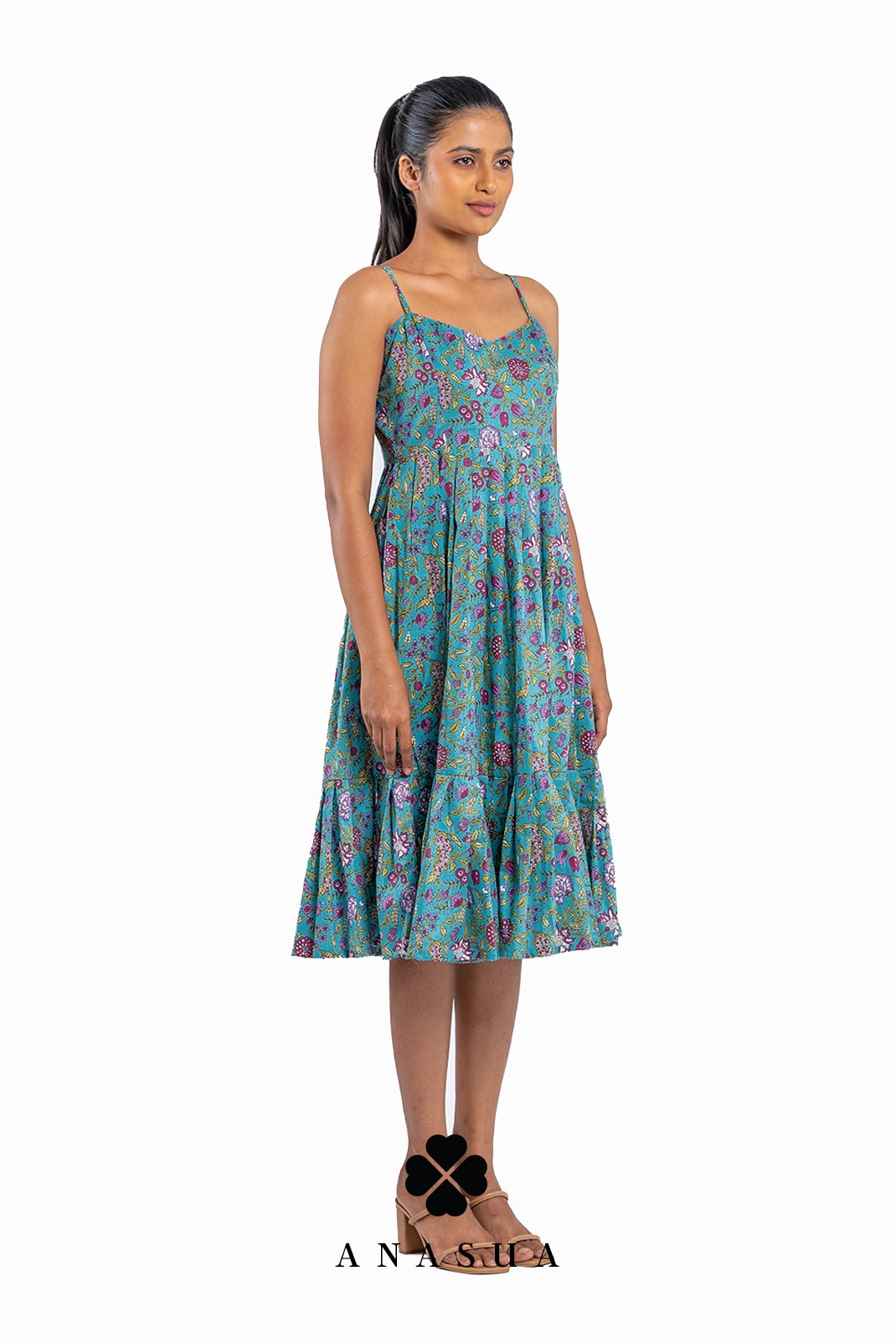 Spaghetti Strap Midi Sundress in Turquoise Floral Print | Anasua