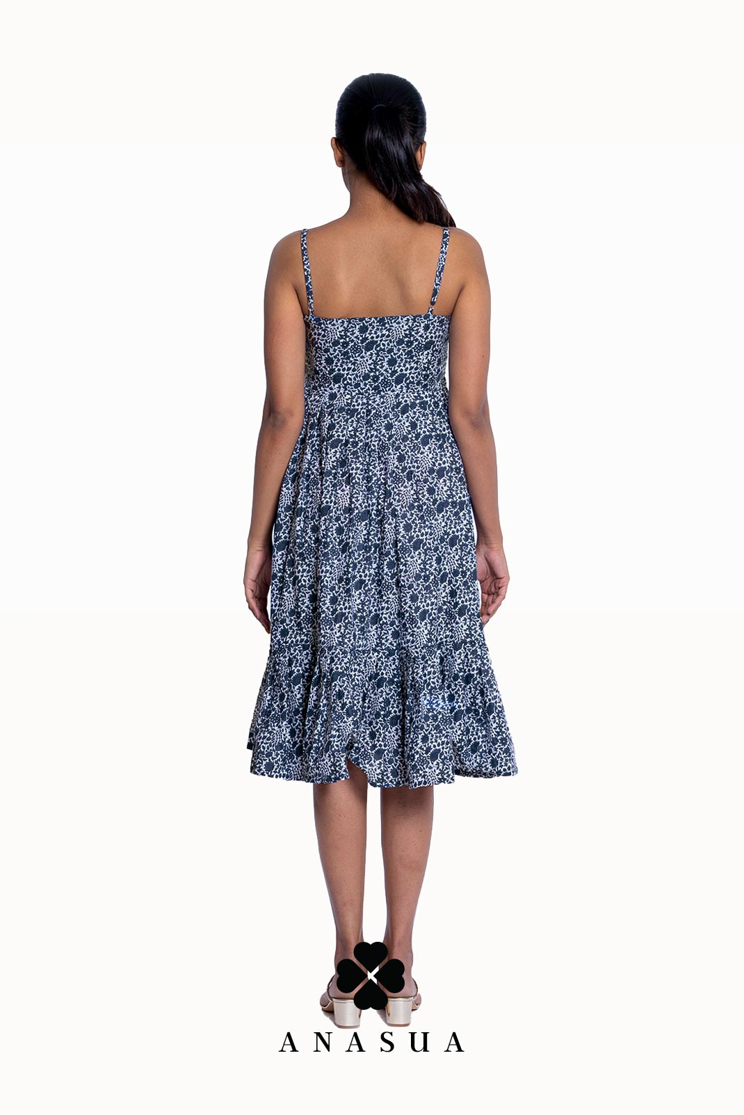 Spaghetti Strap Midi Sundress with Navy Floral Print | Anasua