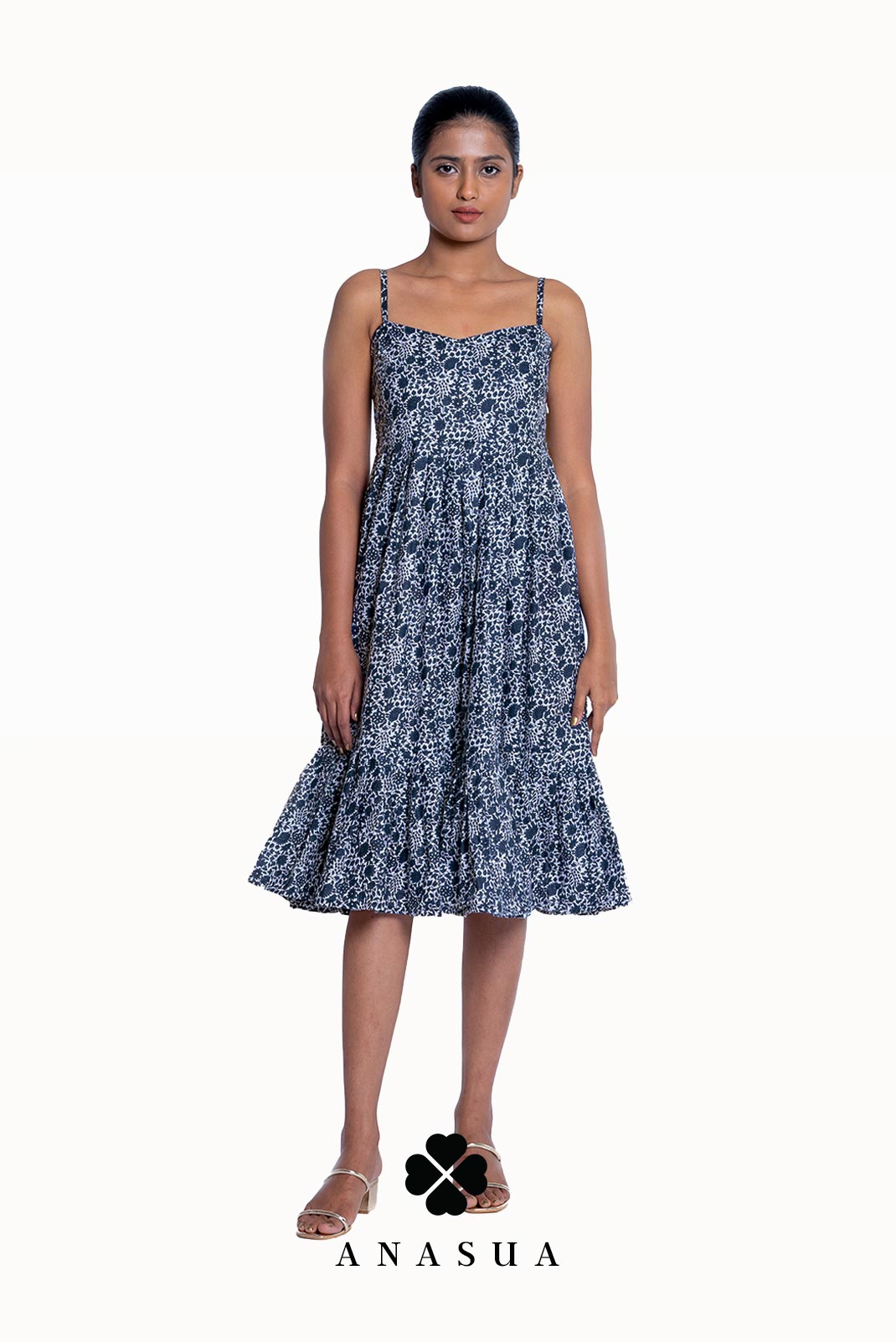 Spaghetti Strap Midi Sundress with Navy Floral Print | Anasua