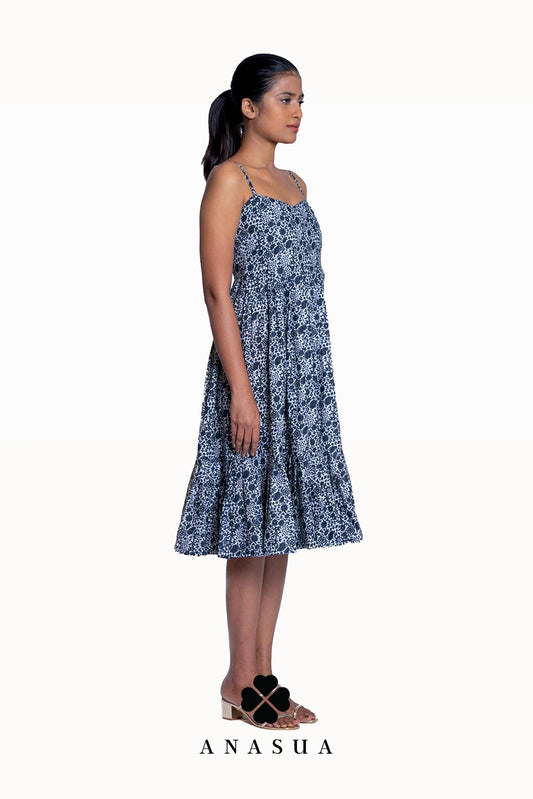 Spaghetti Strap Midi Sundress with Navy Floral Print | Anasua