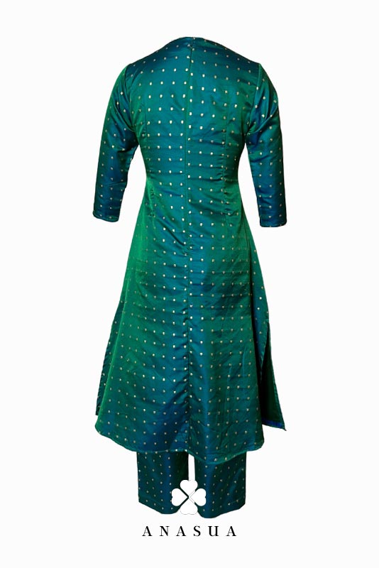 Teal Green Silk Butti A-Line Kurta Set  | Anasua