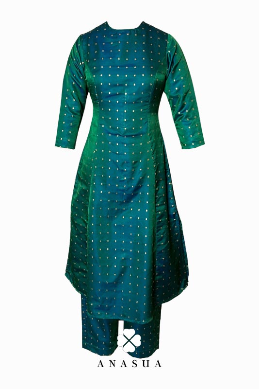 Teal Green Silk Butti A-Line Kurta Set  | Anasua