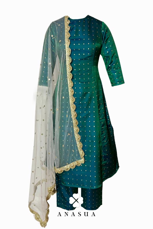 Teal Green Silk Butti A-Line Kurta Set  | Anasua