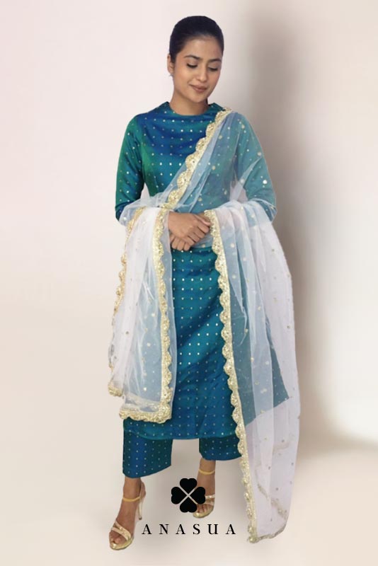 Teal Green Silk Butti A-Line Kurta Set  | Anasua