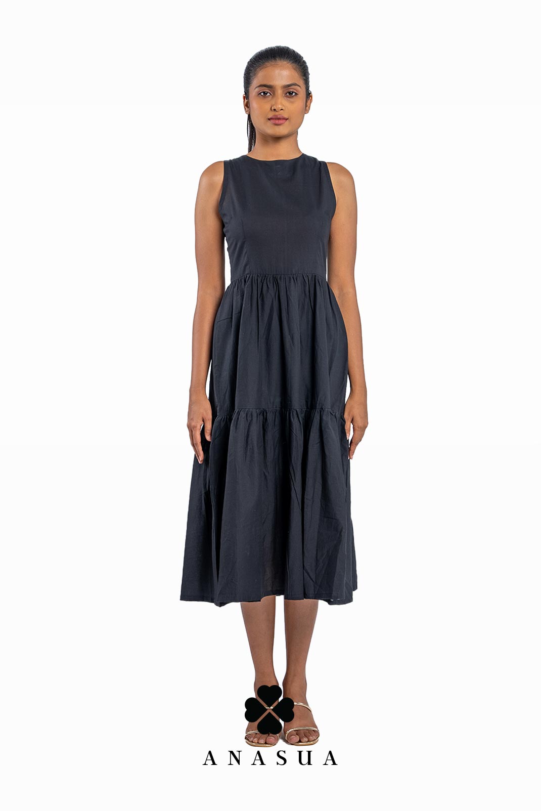 Tiered Black Midi Sundress | Anasua