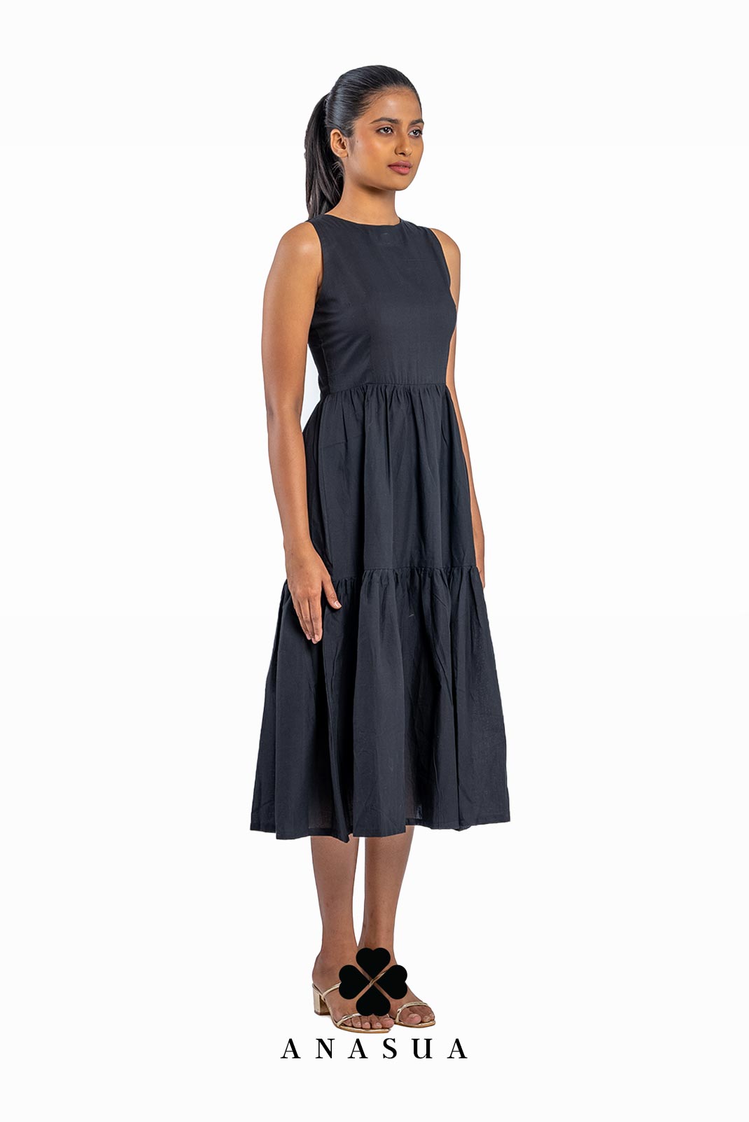 Tiered Black Midi Sundress | Anasua