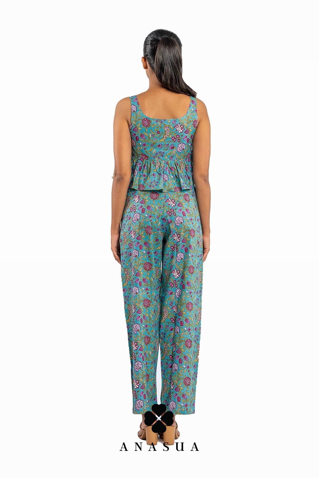 Turquoise Floral Peplum Top & Crop Pant Co-Ord Set | Anasua