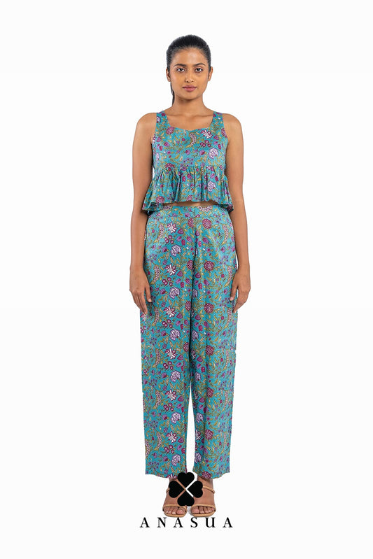 Turquoise Floral Peplum Top & Crop Pant Co-Ord Set | Anasua