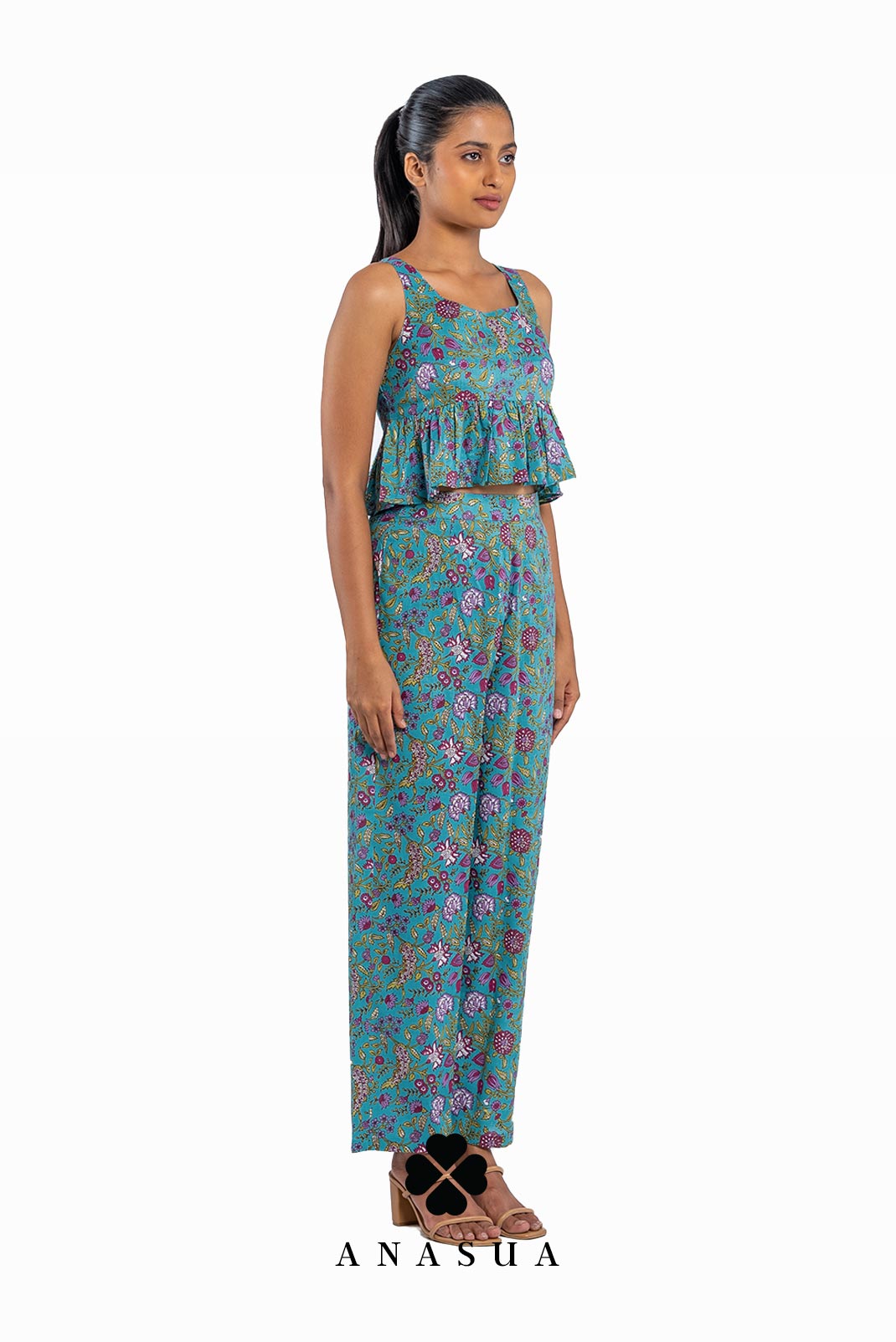 Turquoise Floral Peplum Top & Crop Pant Co-Ord Set | Anasua