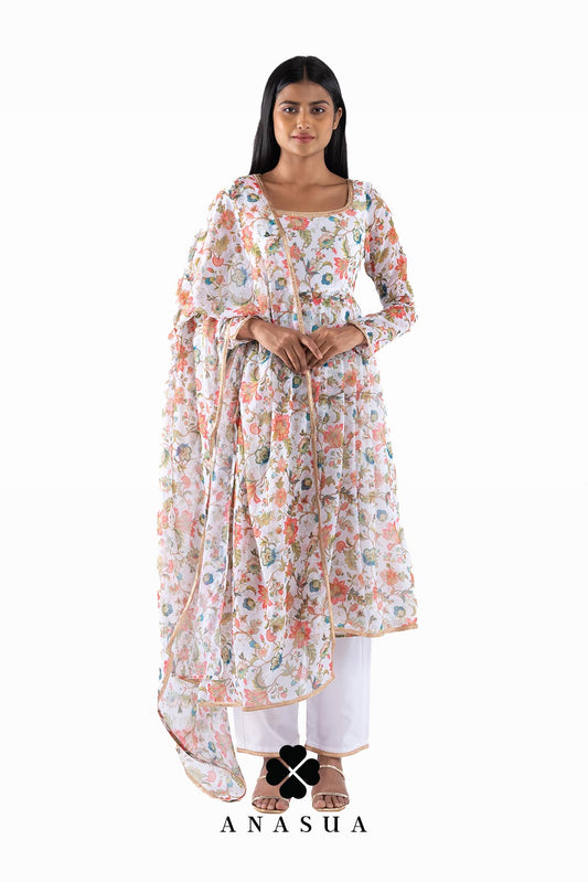 White Floral Anarkali Suit Set | Anasua