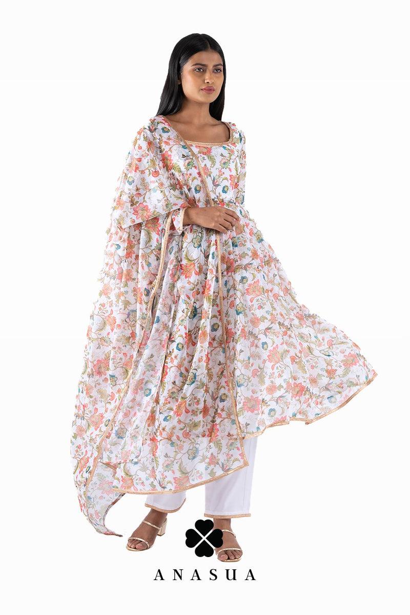White Floral Anarkali Suit Set | Anasua