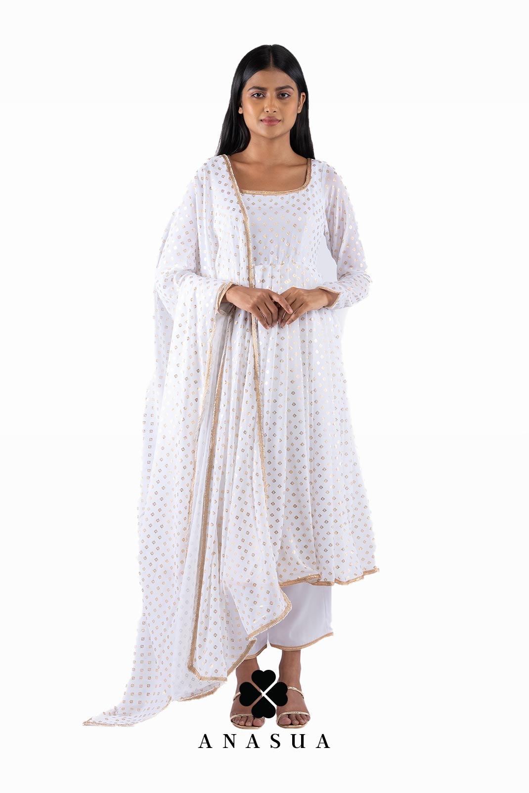 White Foil Anarkali Suit Set | Anasua