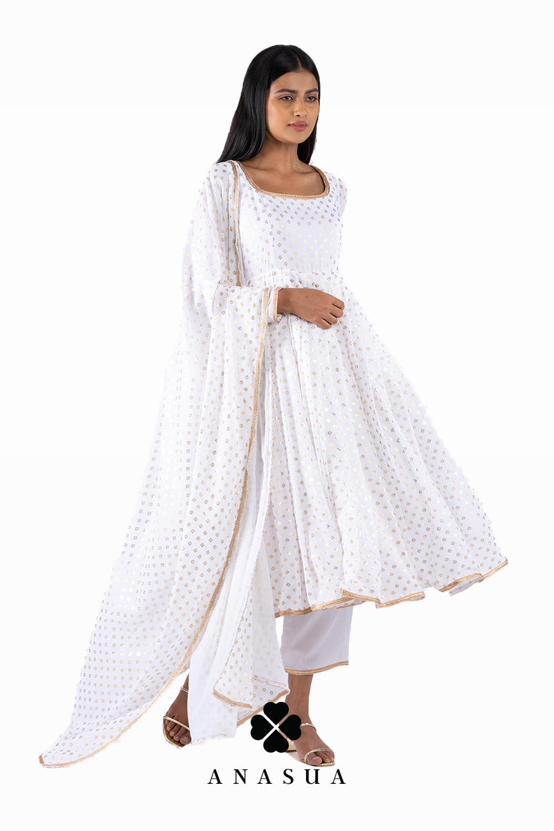 White Foil Anarkali Suit Set | Anasua