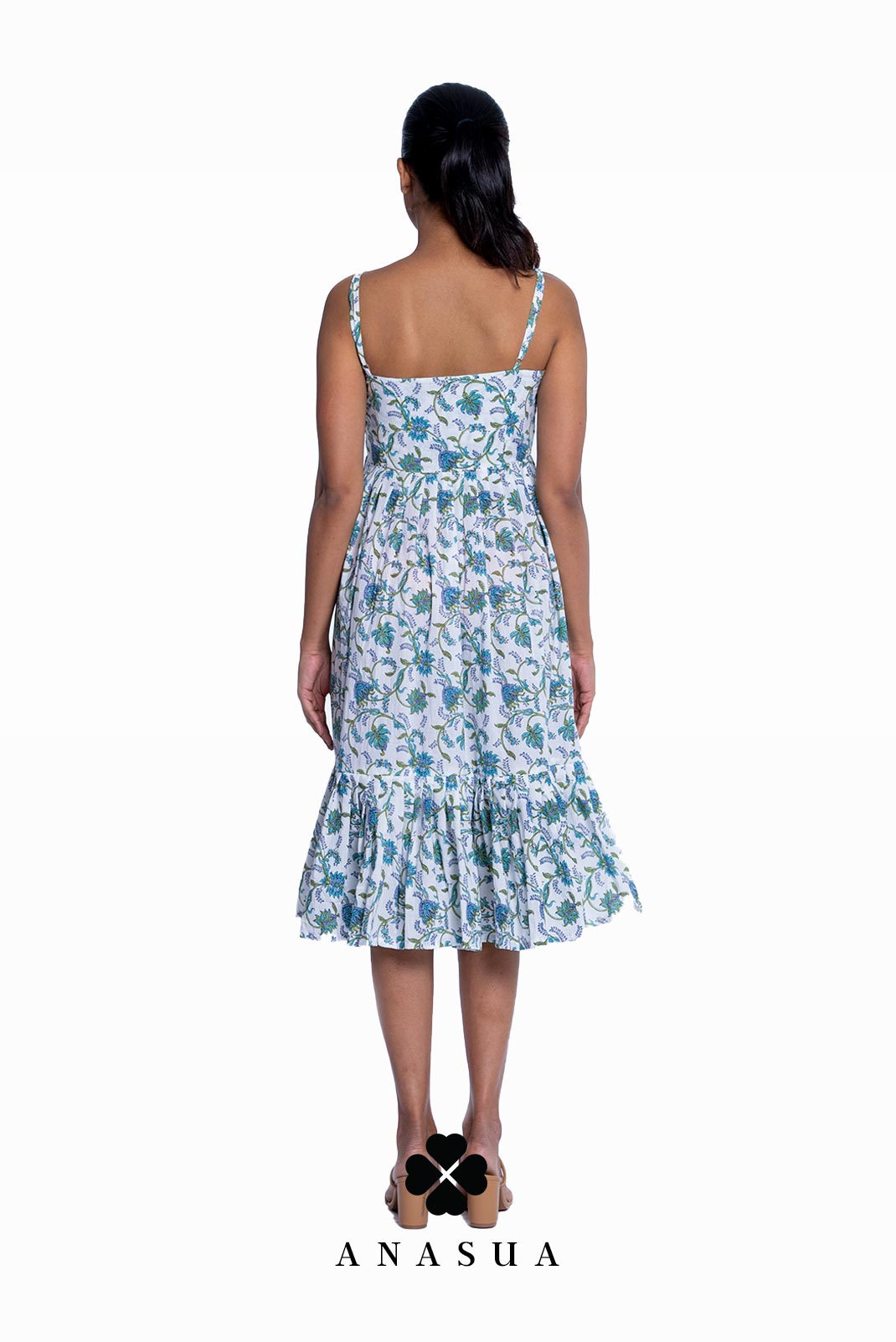 White Spaghetti Strap Midi Sundress with Teal Floral Print | Anasua