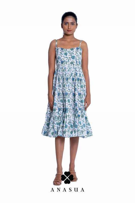 White Spaghetti Strap Midi Sundress with Teal Floral Print | Anasua