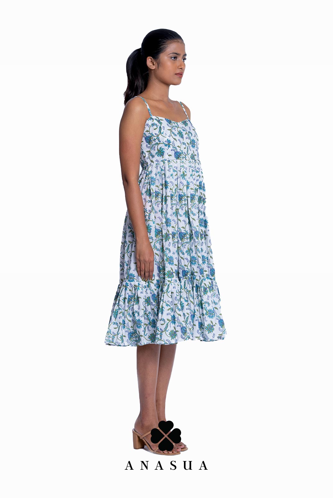 White Spaghetti Strap Midi Sundress with Teal Floral Print | Anasua