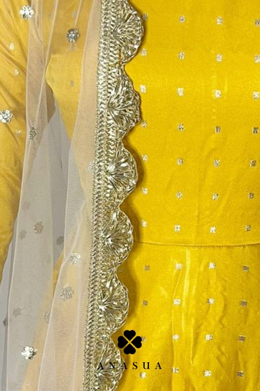 Yellow Silk Butti Floor Length Flare Anarkali Set | Anasua