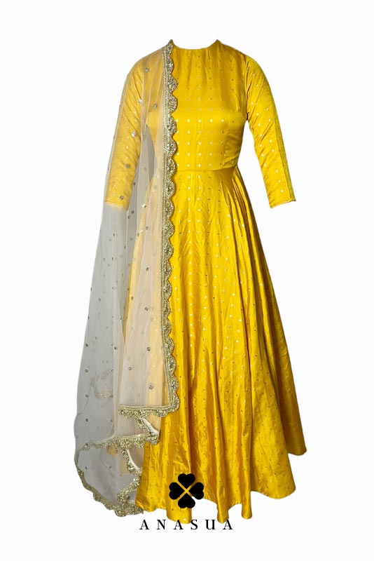 Yellow Silk Butti Floor Length Flare Anarkali Set | Anasua