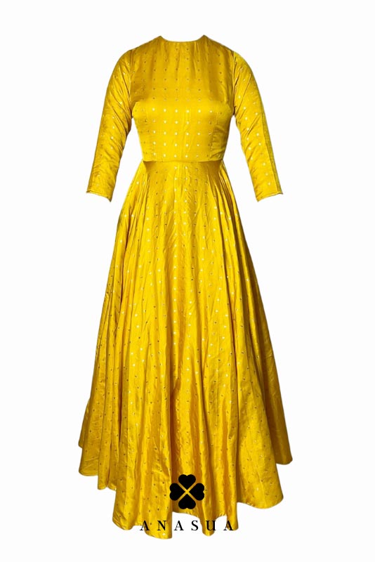 Yellow Silk Butti Floor Length Flare Anarkali Set | Anasua