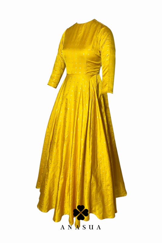 Yellow Silk Butti Floor Length Flare Anarkali Set | Anasua